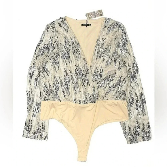 Boohoo Cream Navy Silver Sequin Party Deep V-Neck Bodysuit Plus Size 24 NWT - Picture 2 of 3